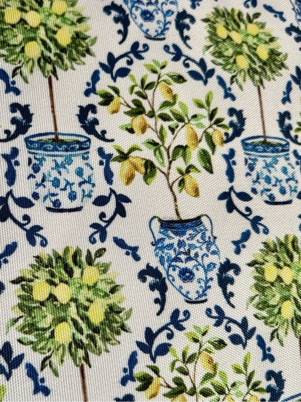 New Lemon Tree Blue Toile Potted Floral Canvas Tote Book Bag Reusable Burlap NWT